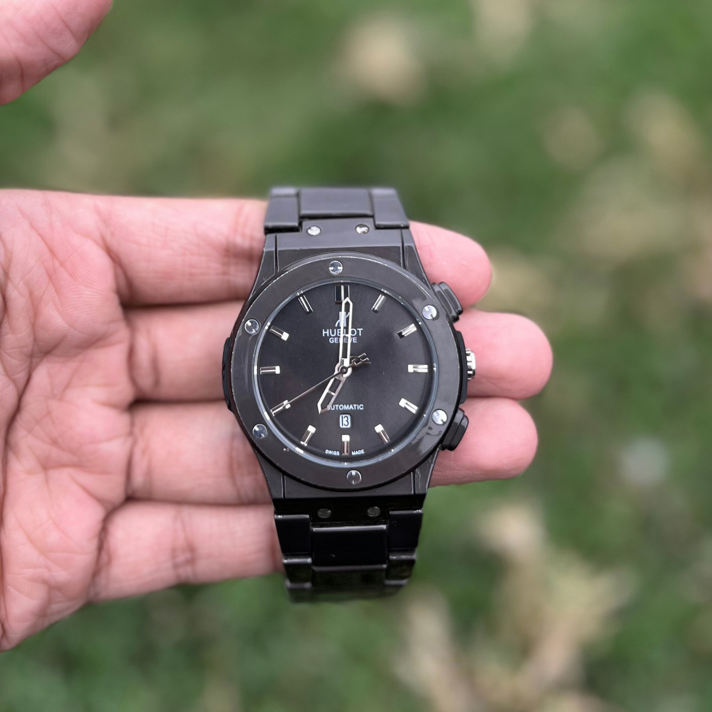 Hublot Style Men’s Luxury Watch – Black Dial, Full Black Stainless Steel Bracelet & Date Display
