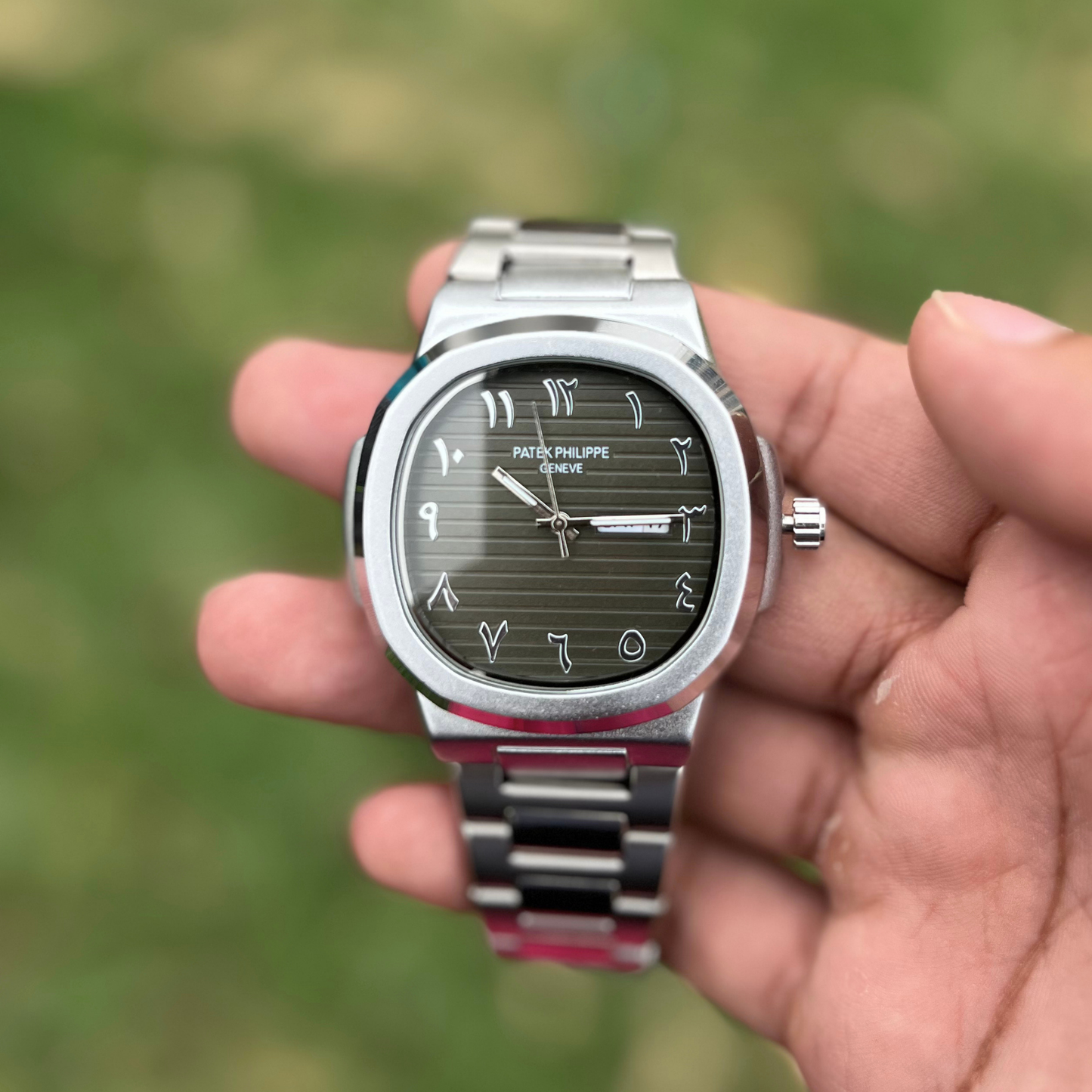 Patek Philippe Style Men’s Luxury Watch – Green Dial, Stainless Steel Bracelet & Date Display