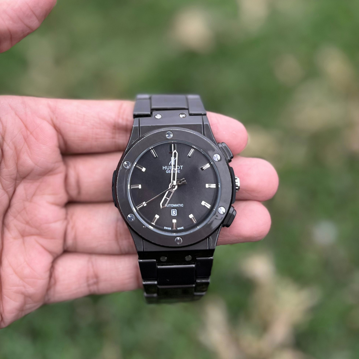 Hublot Style Men’s Luxury Watch – Black Dial, Full Black Stainless Steel Bracelet & Date Display
