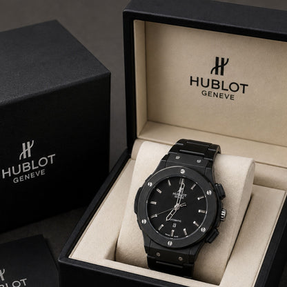 Hublot Style Men’s Luxury Watch – Black Dial, Full Black Stainless Steel Bracelet & Date Display