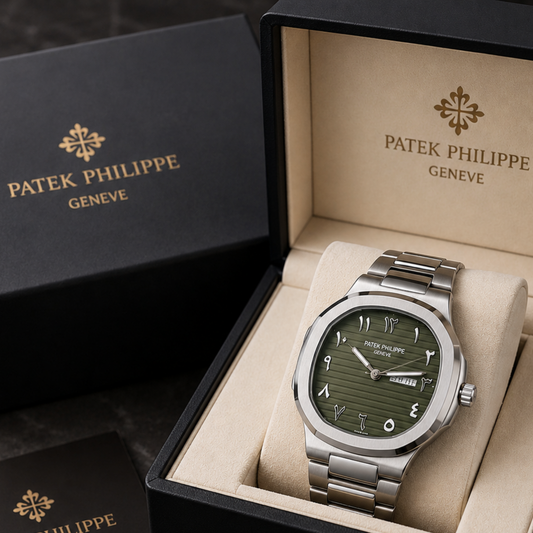 Patek Philippe Style Men’s Luxury Watch – Green Dial, Stainless Steel Bracelet & Date Display
